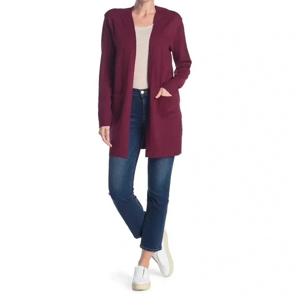 Sweet Romeo Open Drape Front Pocket Cardigan Wine